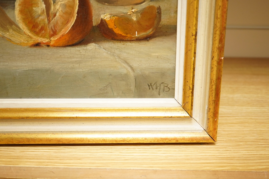 20th century school, still life of oranges and vessels, monogramed WHB, oil on board, 45 x 29cm
